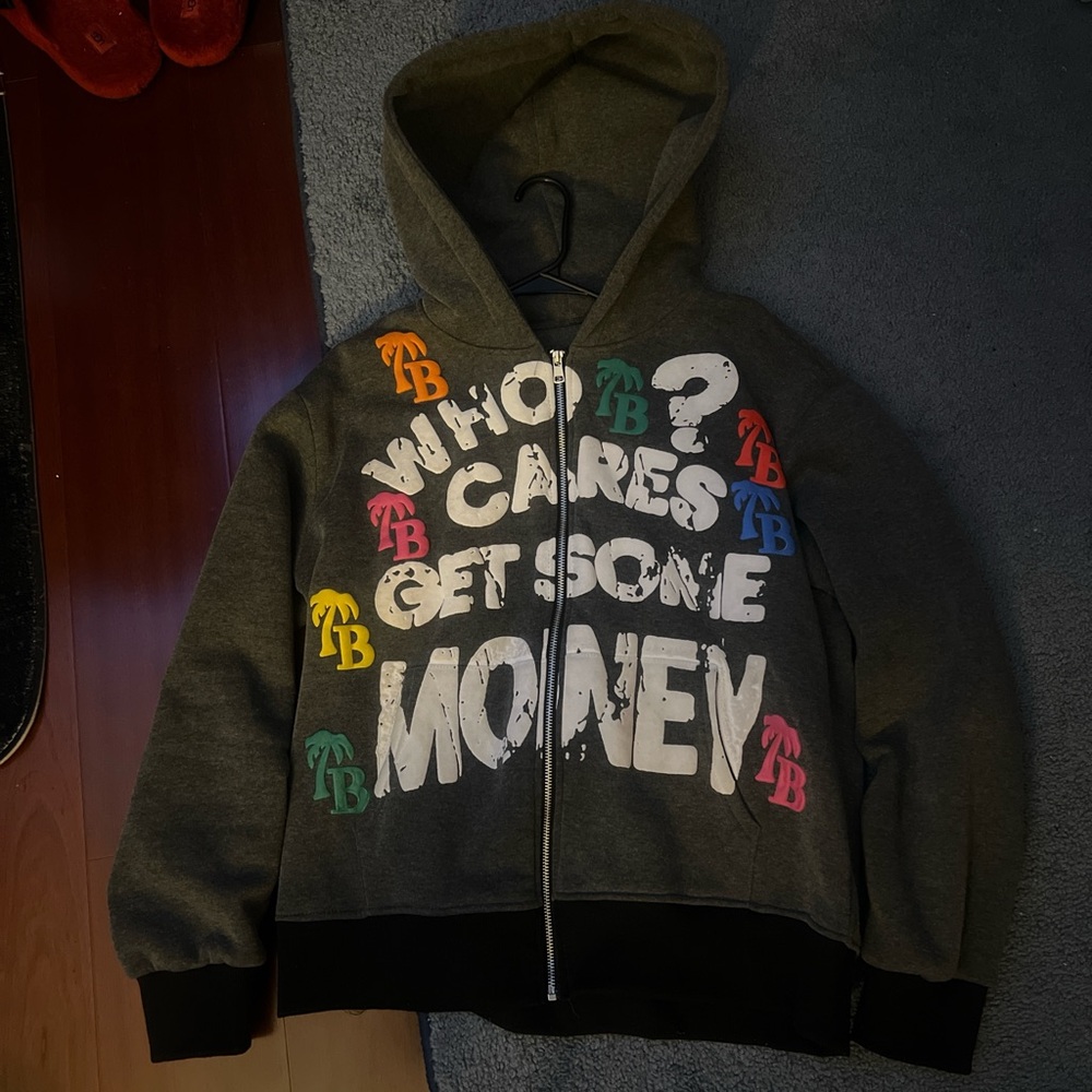 “Who cares get money” grey jacket with colorful puff print palm trees